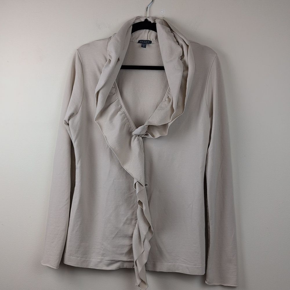 Chic Lilla P Beige Ruffled Long Sleeve Cardigan Blouse Top Classic Size M